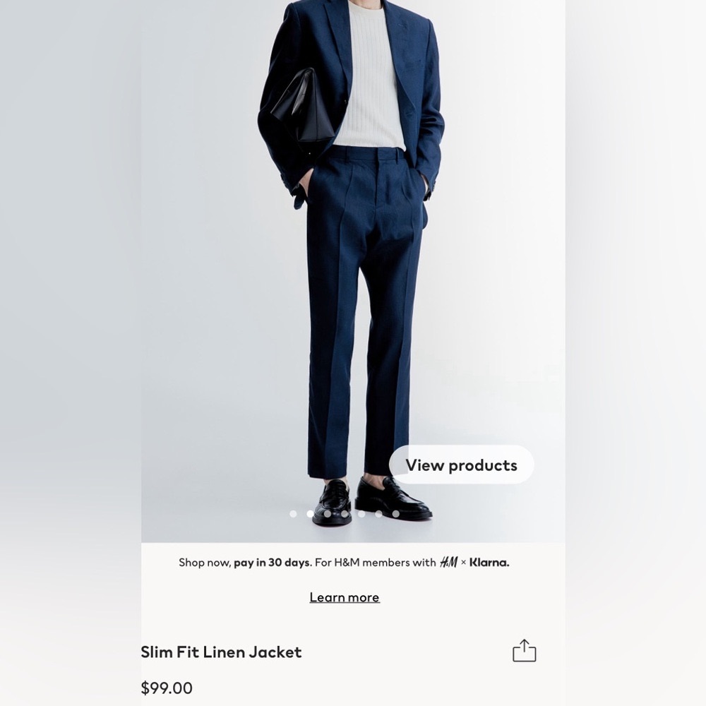 Mens H&M linen suit - slim fit and very stylish. Nice dark blue linen.